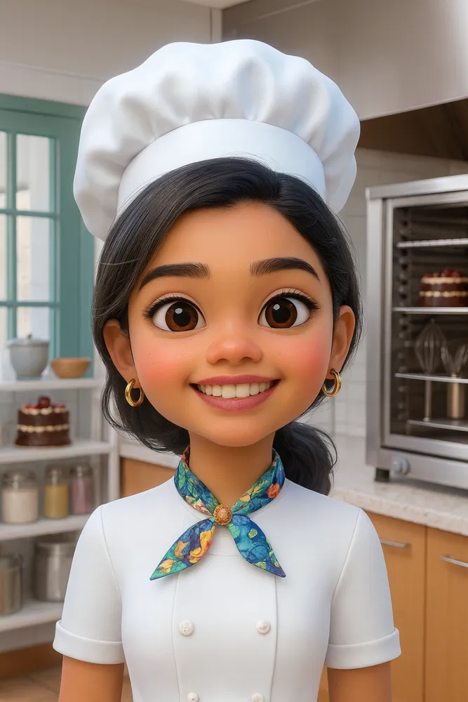 Mascote da Madame Jam, uma confeiteira sorridente de dólmã e chapéu de chef